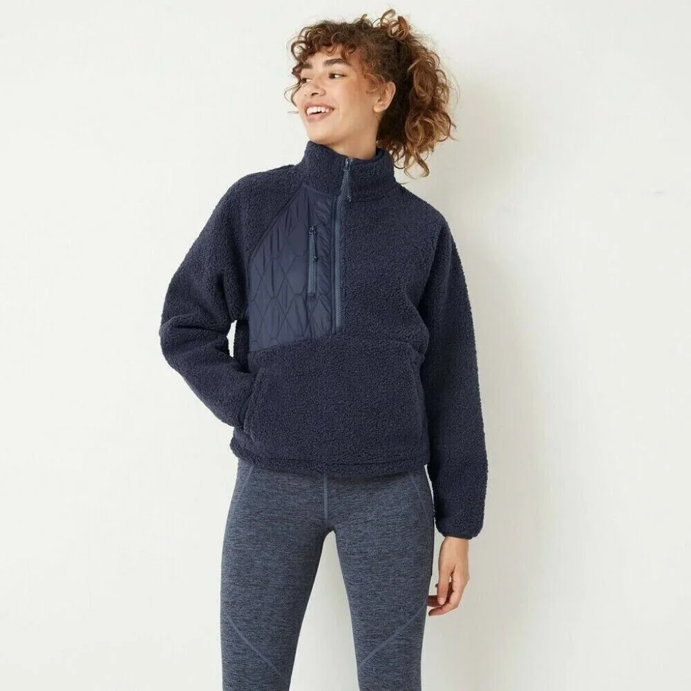 JoyLab Pullover Navy Blue 1/2 Zip Sweater Sherpa Mixed Media - Picture 1 of 11
